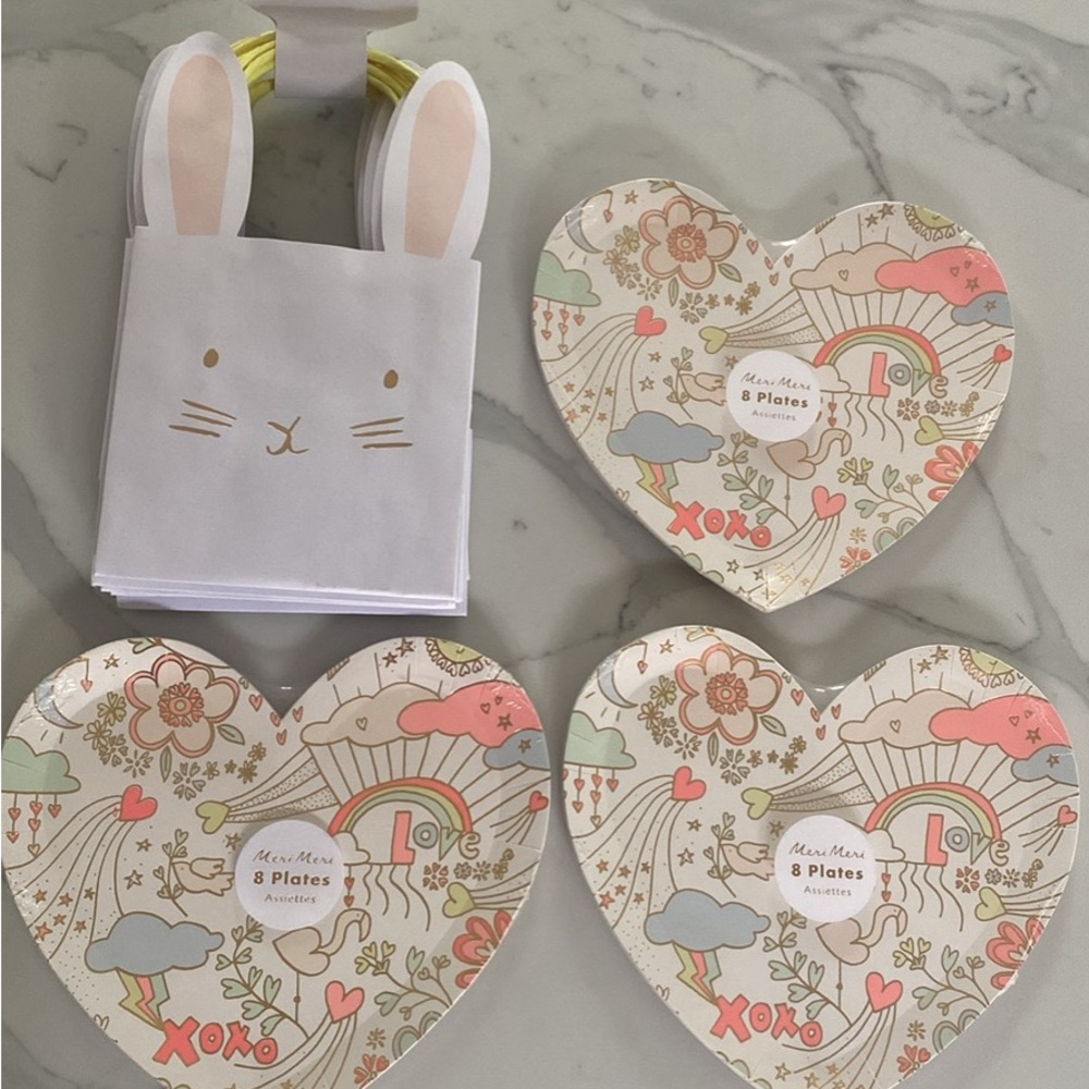 Meri Meri Pastel Heart Party Plates with Bunny Treat Bags